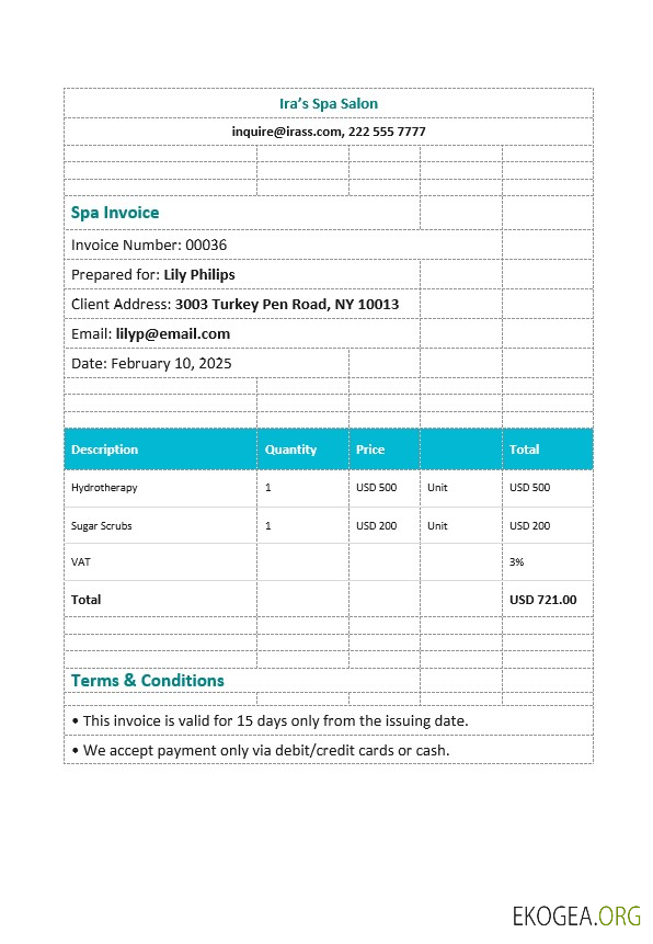 Modèle de facture de spa modifiable